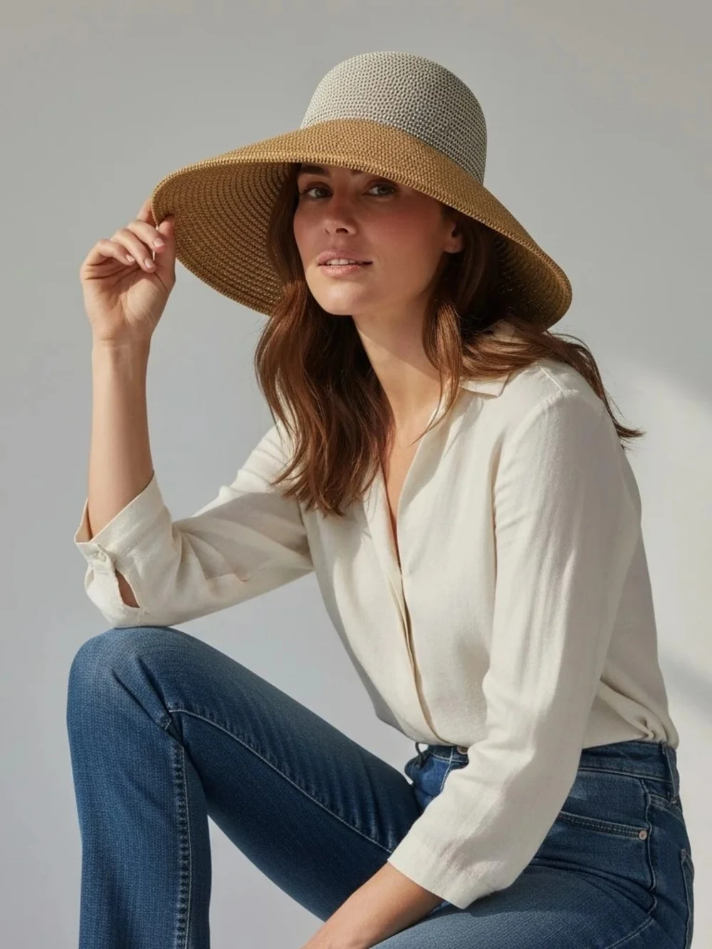 BCBGMaxAzria Two-Tone Wide Brim Straw Sun Hat in White and Brown